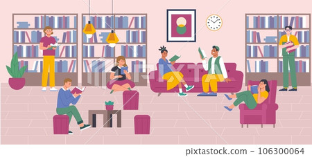 Study groups teens in library, brainstorming teenagers with books. Exam prepare together, people reading books and learning splendid vector concept 106300064