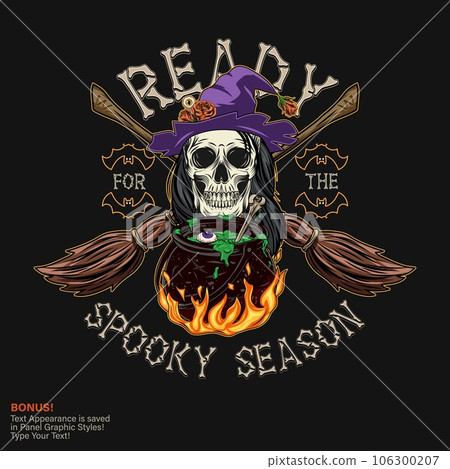 Label with cauldron with potion, skull, brooms 106300207