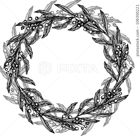 Vector wreath with leaves and berries. Composition of ink hand drawing wild plants and herbs, monochrome artistic botanical illustration for backgrounds. Temlate for wedding cards and polygraphy 106300221