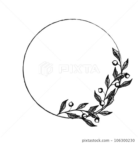 Vector wreath with leaves and berries. Composition of ink hand drawing wild plants and herbs, monochrome artistic botanical illustration for backgrounds. Temlate for wedding cards and polygraphy 106300230