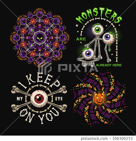 Set of halloween labels with monsters, eyeballs, bones, pumpkin, candy, silhouette of skull, round halftone shapes, text 106300253