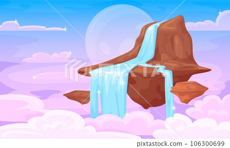Sky waterfall. Flying rock island above clouds sunshine heaven, fantasy stone pieces with mountain water falls, cartoon 2d landscape game level background, neat vector illustration 106300699