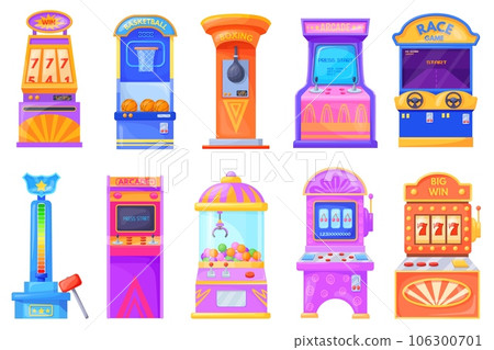 Amusement machines. Cartoon game machine kids center attraction carnival park, retro arcade battle video games boxing basketball gambling slots machinery, neat vector illustration 106300701