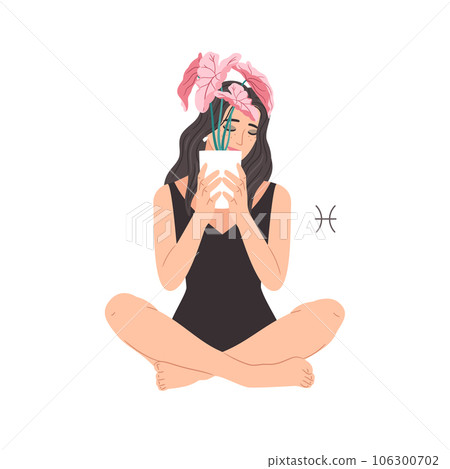 Zodiac sign Pisces, beautiful woman with houseplant, horoscope astrology symbol 106300702
