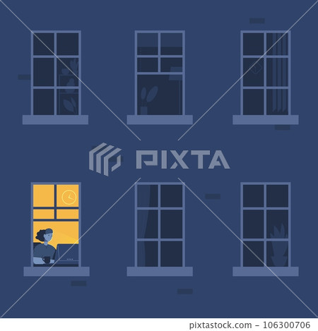 Working at night window. Woman designer quiet work in home office blackout house, lonely workaholic owl freelancer tired developer internet teamwork, insomnia vector illustration Working at night window. Woman designer quiet work in home office blackout house, lonely workaholic owl freelancer tired developer internet teamwork, insomnia vector illustration 106300706