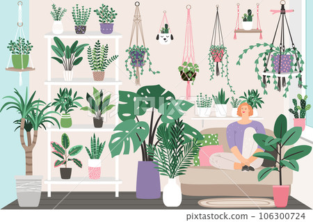 Houseplants in trendy hygge style. Collection of Home plants in flower pots. Urban jungle decor set . Evergreen plants in planters hanging in woven macrame Houseplants in trendy hygge style. Collection of Home plants in flower pots. Urban jungle decor set . Evergreen plants in planters hanging in woven macrame 106300724