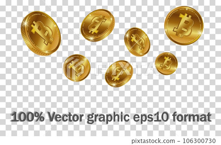 abstract, fictional bitcoin, imitation coin. Rain of 3d Golden coins, Digital money splash on transparent background. Falling or flying money, digital currency payment, mining, finance concept. 106300730