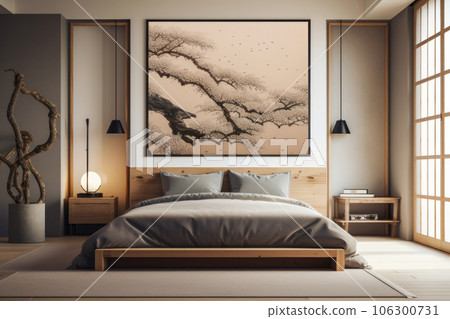 Step into this tranquil and stylish bedroom, complete with a comfortable bed and natural light pouring in. AI Generative 106300731