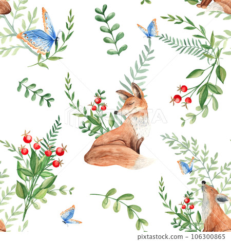Seamless watercolor pattern with mother and baby fox, green leaves and red berries, fern, branches, blue butterfly. Botanical summer hand drawn illustration. Can be used for gift wrapping paper, kids 106300865