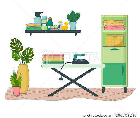 Illustration of the interior of a home laundry.  106302286