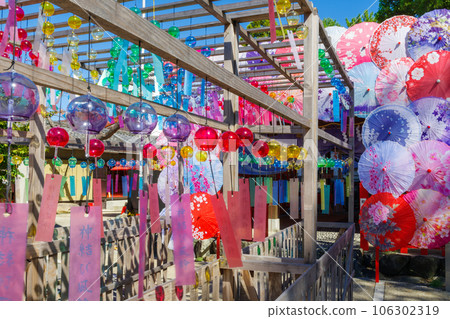 Colorful wind chimes and Japanese umbrellas at Beskoe Shrine, Nagoya Colorful wind chimes and Japanese umbrellas at Beskoe Shrine, Nagoya 106302319