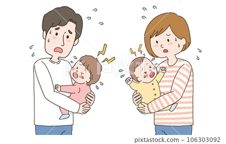父親和母親抱著哭泣的嬰兒的上半身插圖 106303092