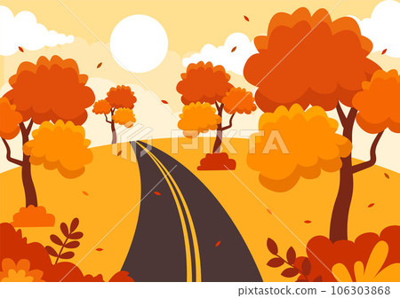 Autumn Landscape Background Vector Illustration with Mountains, Fields, Trees and Fall Leaves in Flat Cartoon Natural Season Panorama Templates 106303868