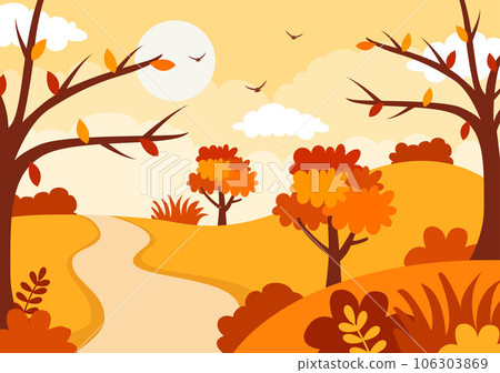 Autumn Landscape Background Vector Illustration with Mountains, Fields, Trees and Fall Leaves in Flat Cartoon Natural Season Panorama Templates 106303869