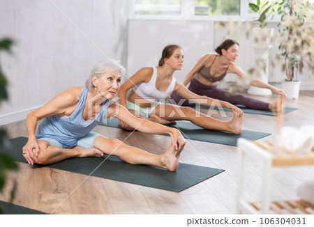 Elderly woman doing yoga in group in studio 106304031