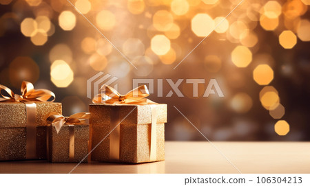 gift boxes with blur Christmas tree and festive gold bokeh lighting background for special holiday banner and greeting card design. generative AI 106304213