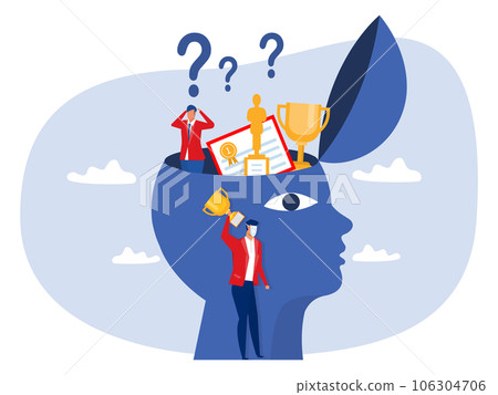 Imposter syndrome.businessman sitting Anxiety and lack of self confidence in head human at work the person fakes is someone else Imposter syndrome.businessman sitting Anxiety and lack of self confidence in head human at work the person fakes is someone else 106304706