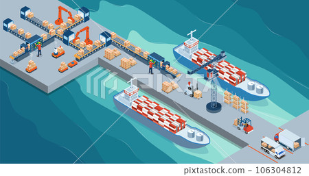 Maritime transport logistics with Steel Container Loading on Industrial Ship by Crane and Warehouse Work Process. vector illustration eps10 106304812