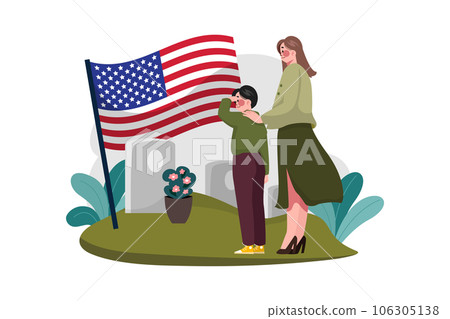 The boy and mother visit the grave of his father who is a veteran The boy and mother visit the grave of his father who is a veteran 106305138