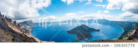 Panoramic view of Crater Lake and Wizard Island in Oregon  106305779
