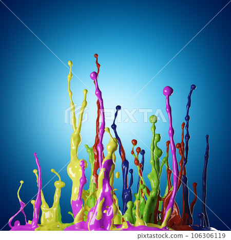 Colored paint splashes on blue background Colored paint splashes on blue background 106306119