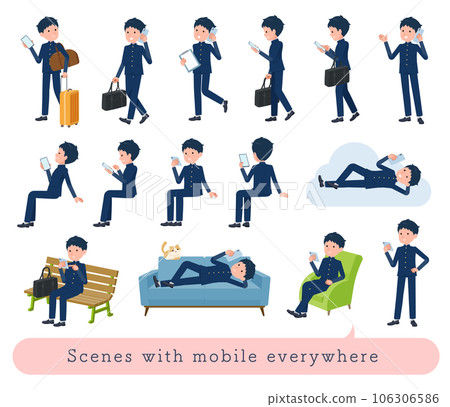 一組在各種場景中使用智能手機的男學生 106306586