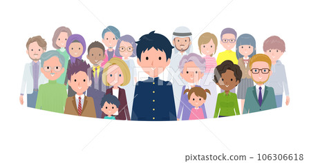 A set of school run male students standing in front of a large number of people 106306618