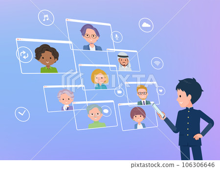 一群使用智能手機在線交流的校辦男學生 一群使用智能手機在線交流的校辦男學生 106306646