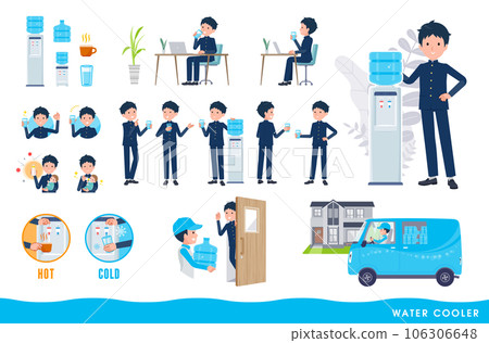 一套飲水機和校辦男學生。易於編輯的矢量藝術。 106306648