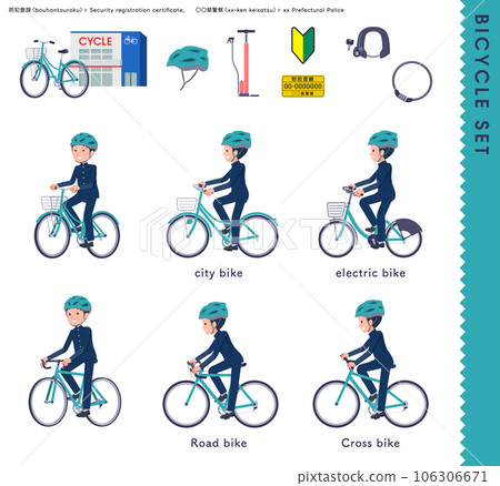 A set of school run male students riding various bicycles A set of school run male students riding various bicycles 106306671