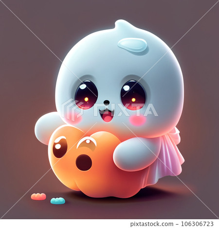 Cute ghost with a pumpkin on a dark background. Vector illustration halloween decorations. AI-generative  106306723