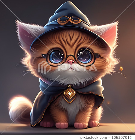 Kitten wearing a wizard costume with hat and glasses, cartoon character. Isolated on gray background. AI-generative  106307015