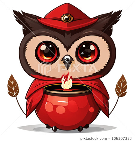An owl wearing a wizard's costume with a candle in a pot. Halloween decorations AI-generative An owl wearing a wizard's costume with a candle in a pot. Halloween decorations AI-generative 106307353