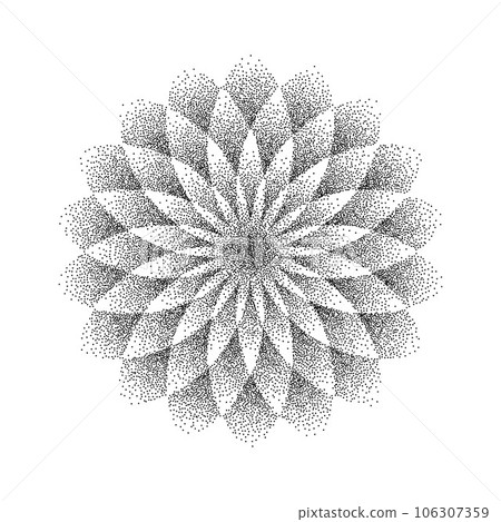 Stipple flower background. Dotted ornament mandala. Noise grain shape. Pixel black floral petals decoration. Radial dotwork pattern design for tattoo, poster, clothes, badge, sticker. Vector Stipple flower background. Dotted ornament mandala. Noise grain shape. Pixel black floral petals decoration. Radial dotwork pattern design for tattoo, poster, clothes, badge, sticker. Vector 106307359