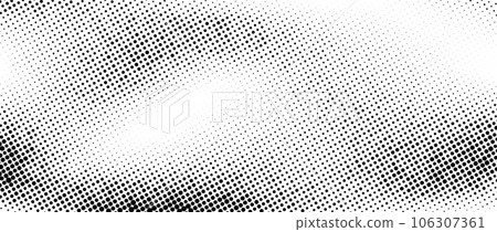 Dotted halftone faded wavy gradient texture. Grunge dirty speckles and spots background. Black and white sand grain wallpaper. Retro random pixelated comic overlay. Vector gritty backdrop 106307361