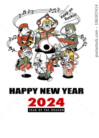 2024年新年賀卡模板“七福神樂隊”新年快樂可用手寫空間 106307414