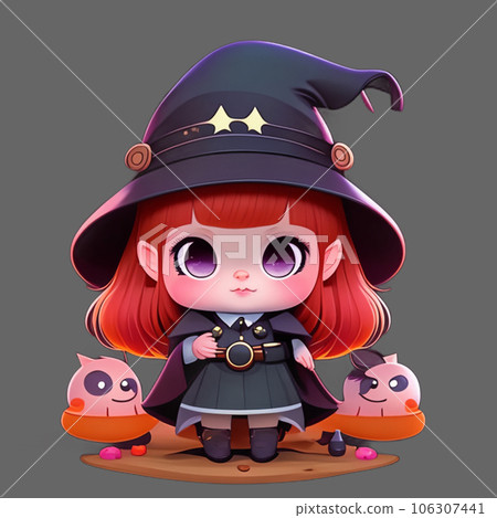 Cute cartoon girl in witch costume with magic wand and candies AI-generative  106307441