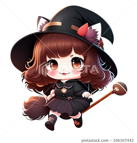 Cute little girl in witch costume with magic wand. Vector illustration. AI-generative  106307442