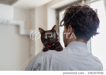 Rear view of the owner's man holding a pet cat Rear view of the owner's man holding a pet cat 106307646