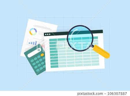 Professional Accounting and Finance Audit. Calculating Budget, Profit, Loss, Generating Reports and Graphs. Business Accountants with Tools. Vector isolated illustration on blue background with icons 106307887