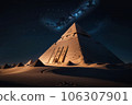 Sci-fi CG of Giant Pyramid in the Desert at Night Ancient Civilization 106307901