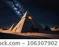 Sci-fi 3D Render of Egyptian Pyramids in the Desert at Night, Ancient Civilization 106307902