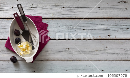 Concept of home baking. Plum Pie Ingredients 106307976