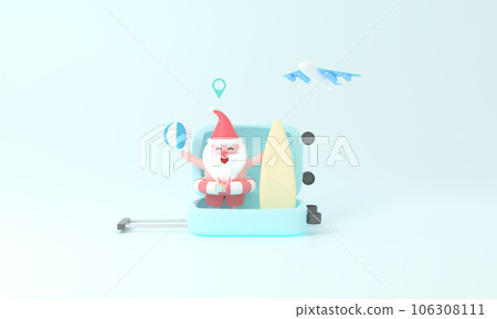 3D rendering Santa Claus on suitcase travel.magic of Summer Christmas and book a plane ticket concept. Celebrate season with festive pastel decor and embark on an imaginative journey of creativity. 106308111
