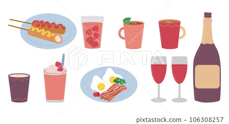 Set of tableware for decorating dining room. A bottle of wine, breakfast, scrambled eggs, drinks and food. Vector illustration. Set of tableware for decorating dining room. A bottle of wine, breakfast, scrambled eggs, drinks and food. Vector illustration. 106308257
