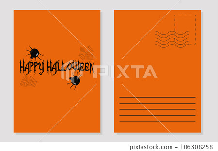 A postcard template for the Halloween holiday. Spiders and cobwebs on an orange background. Design concept. Vector flat illustration. A postcard template for the Halloween holiday. Spiders and cobwebs on an orange background. Design concept. Vector flat illustration. 106308258