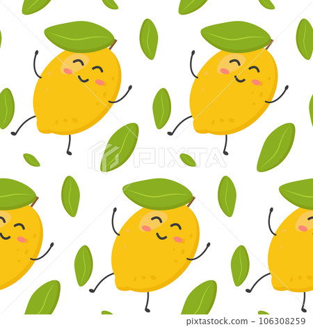 Seamless pattern of cute colorful yellow lemons. Lemons alternate with leaves. Banner, flyer, wallpaper, fabric design. Vector flat illustration. Seamless pattern of cute colorful yellow lemons. Lemons alternate with leaves. Banner, flyer, wallpaper, fabric design. Vector flat illustration. 106308259