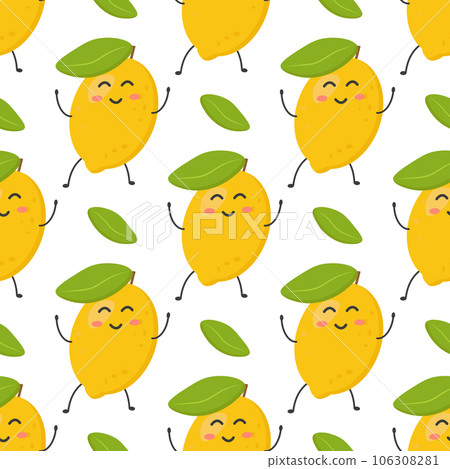 Seamless pattern of cute colorful yellow lemons. Banner, flyer, wallpaper, fabric design. Vector flat illustration. 106308281