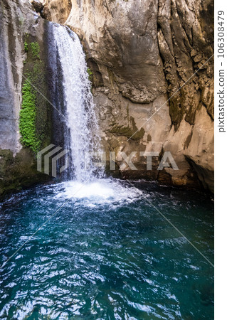 A beautiful mountain gorge with a river and a waterfall. Sapadere Canyon is 750 meters long and 400 meters high. This is an interesting place for all nature lovers. June 2023 Alanya-Antalya, Turkey 106308479