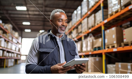 African American male accountant in a warehouse. 106308499